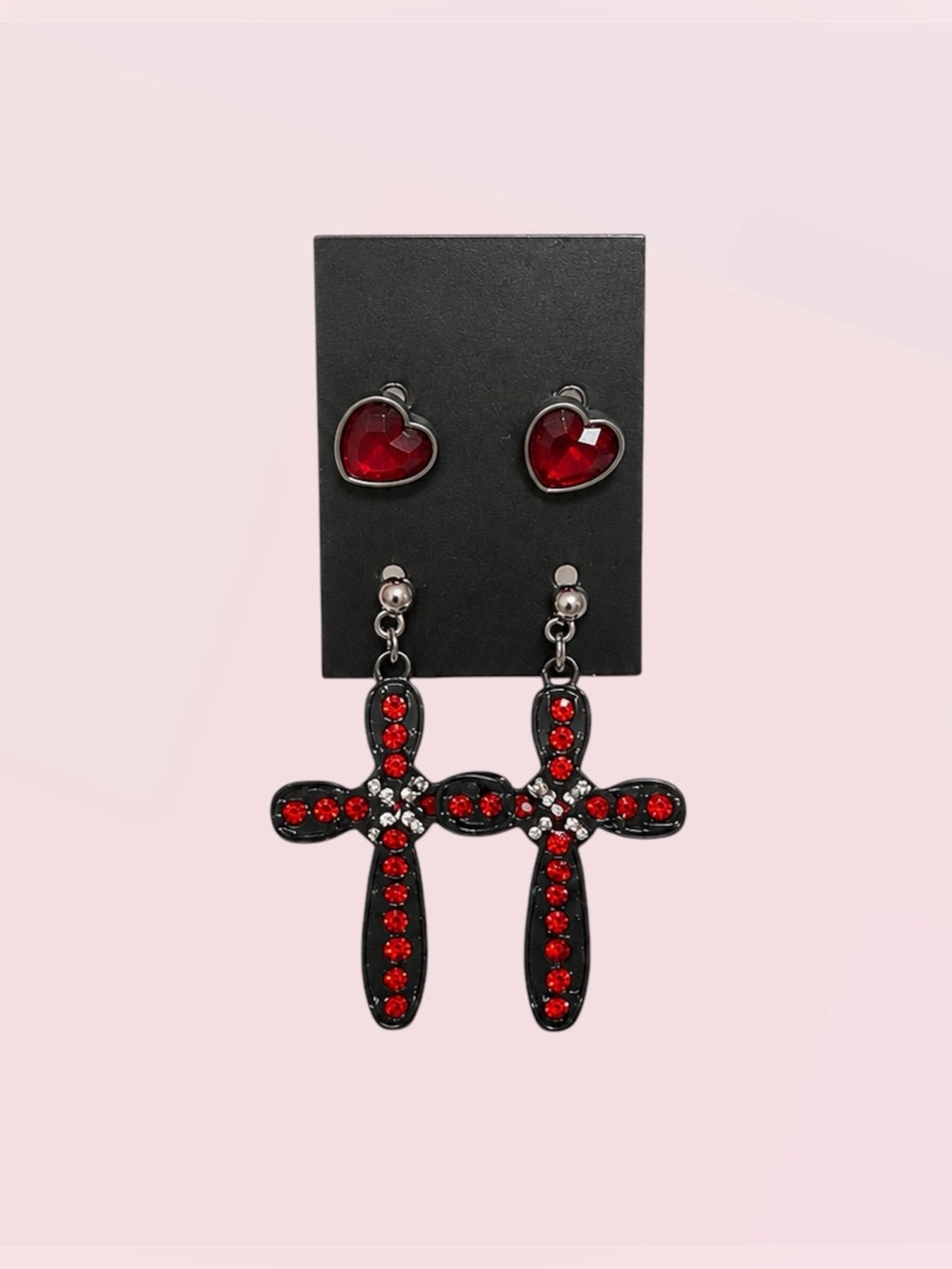 Gothic Red Heart & Cross Earrings